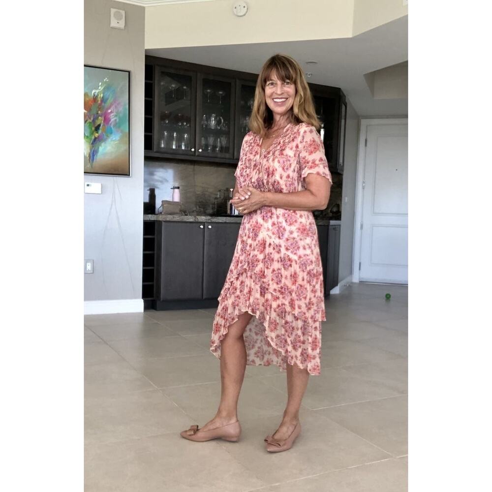 THE KOOPLES Pink Floral Ruffle Hemline Midi Tie Back Floral Frill Dress sz 1 - Picture 16 of 16